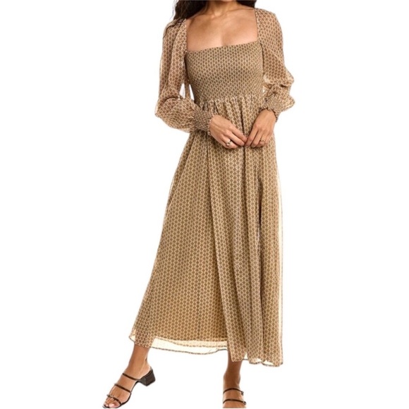 NWT OPT Square Neck Smocked Patterned Maxi Dress Gold Cream Size M - Picture 1 of 9